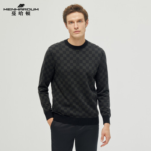 MENHARDUM/蔓哈顿秋冬新品绵羊毛混纺针织衫毛衣中年格纹羊毛衫男