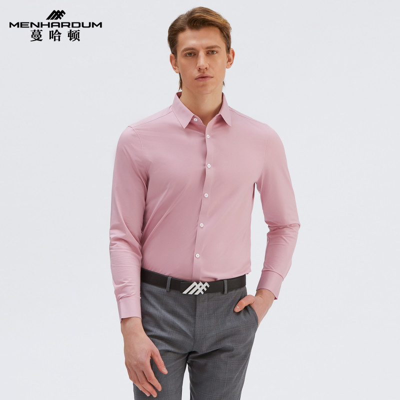 MENHARDUM/蔓哈顿春装新品商务男士长袖衬衫棉混纺针织纯色衬衣