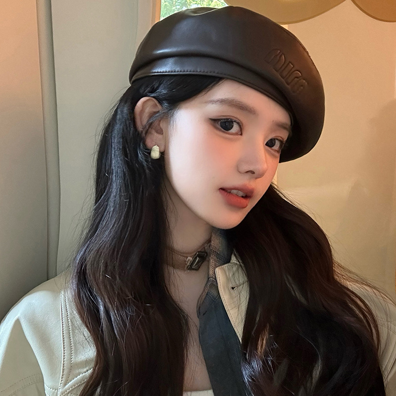 2024新款贝雷帽女皮质春秋冬季英伦风复古棕色咖色min大头围帽子