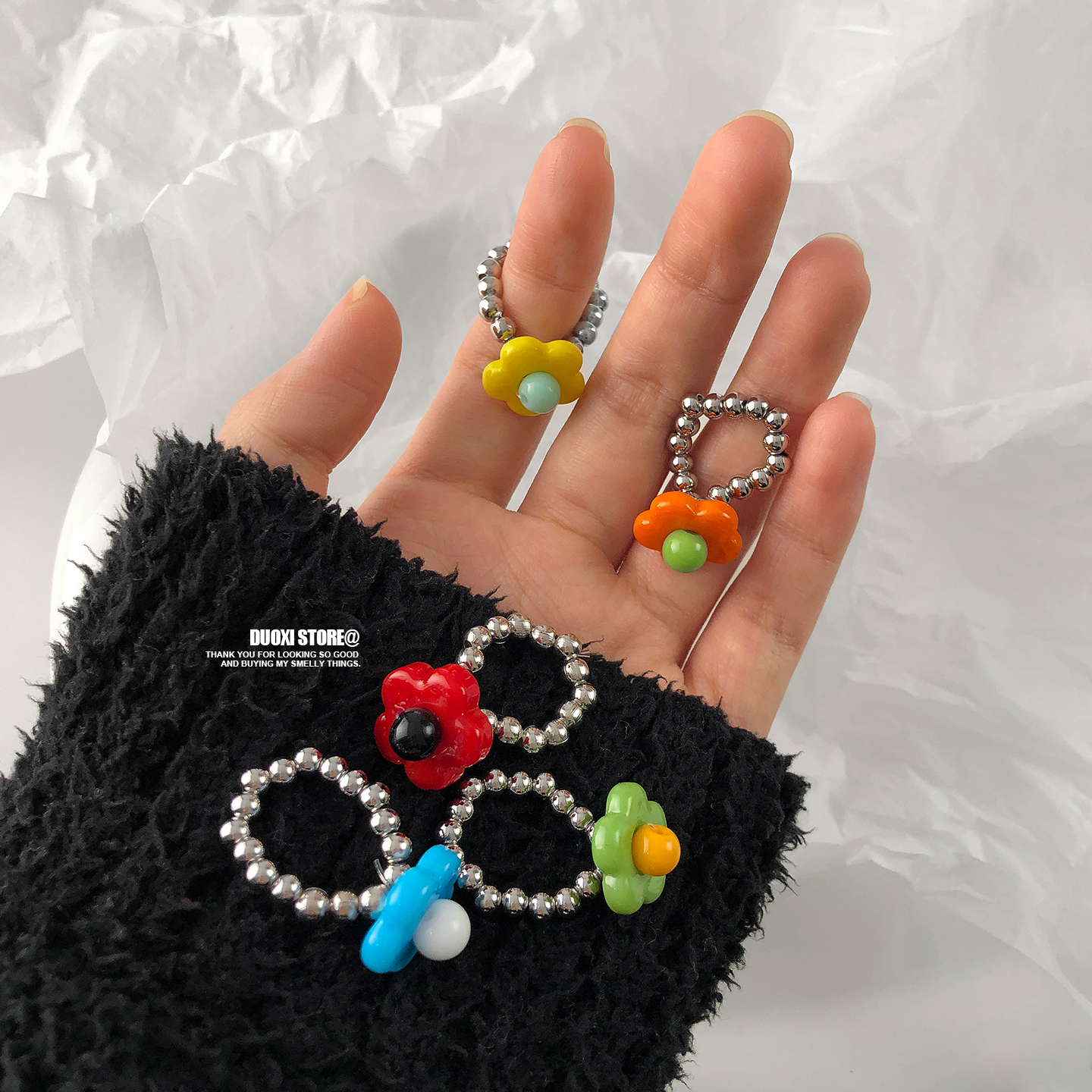 多喜商店【繁花】韩系彩色小花朵撞色串珠ins风琉璃珠微弹戒指环