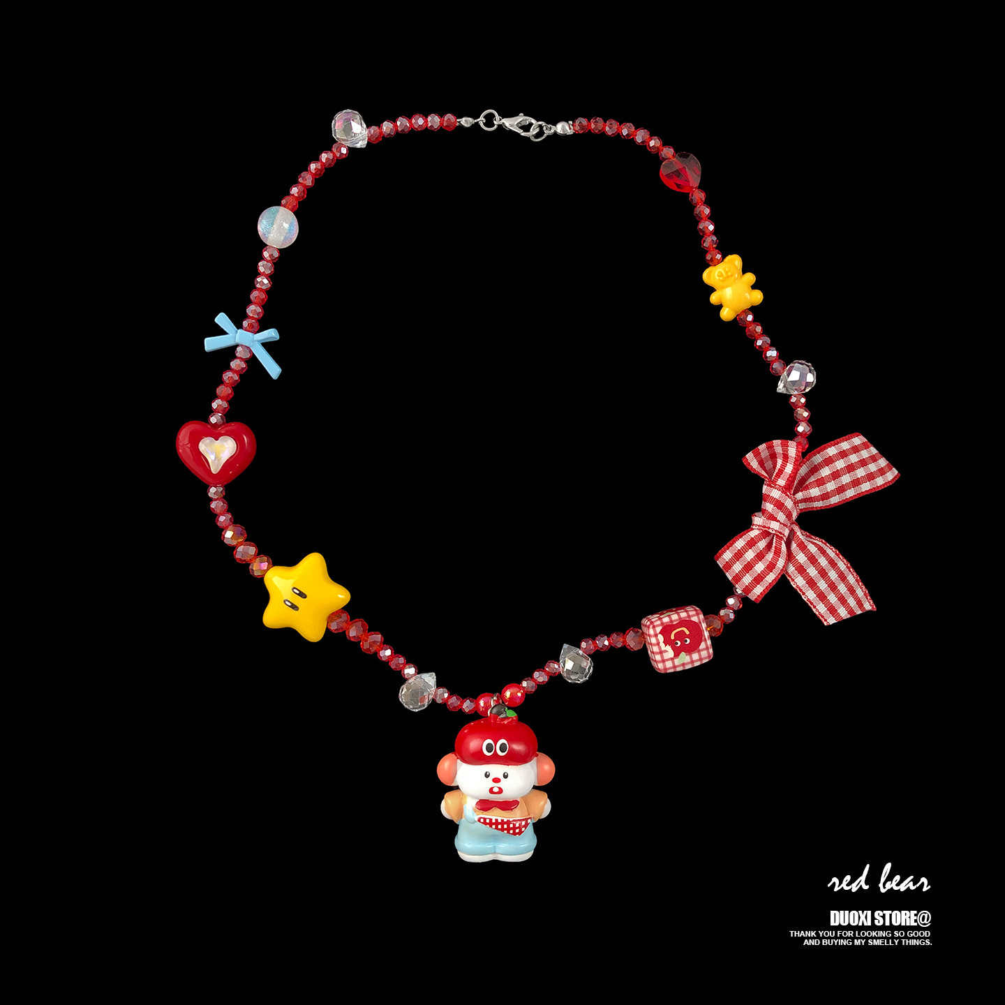 多喜商店【苹果布丁狗】蝴蝶结格子小方块星星卡通可爱童趣味项链