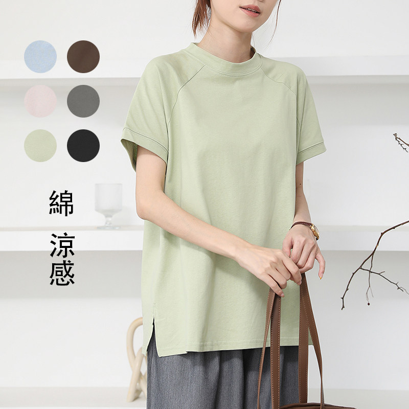 新品日系夏季纯棉短袖T恤女领口设计感立领下摆侧开叉休闲上衣夏