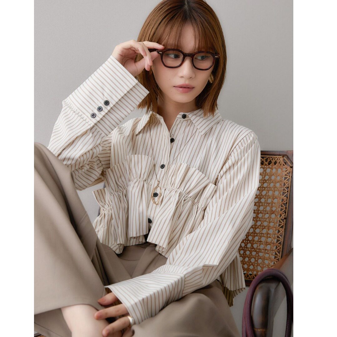 外贸女装日韩2026秋新款条纹百搭翻领花边裙摆条纹经典OL衬衫女式
