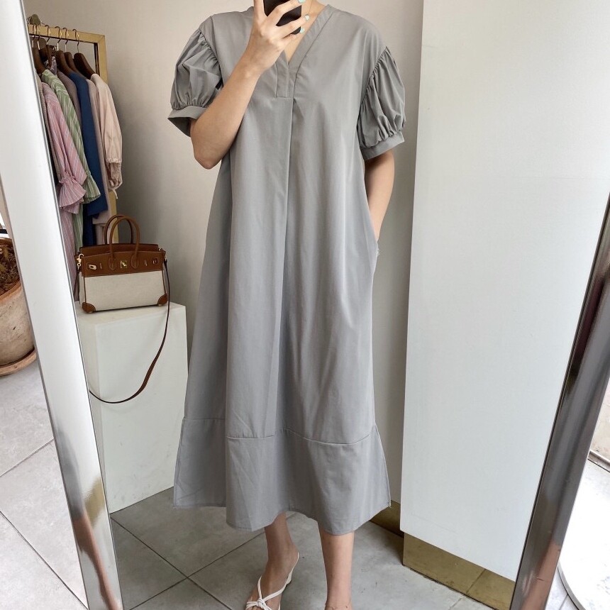 韩国ins夏季V领宽松中长款休闲显瘦短袖连衣裙女两侧有口袋2026夏