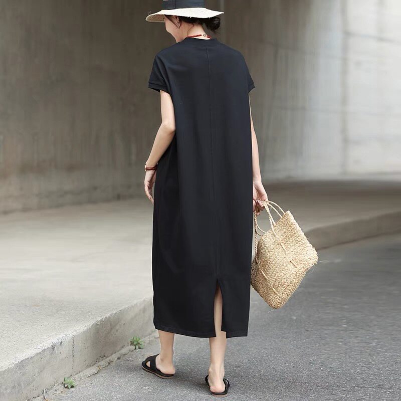 日系纯棉女装半高领连衣裙夏季显瘦后开衩设计感大码休闲小黑裙
