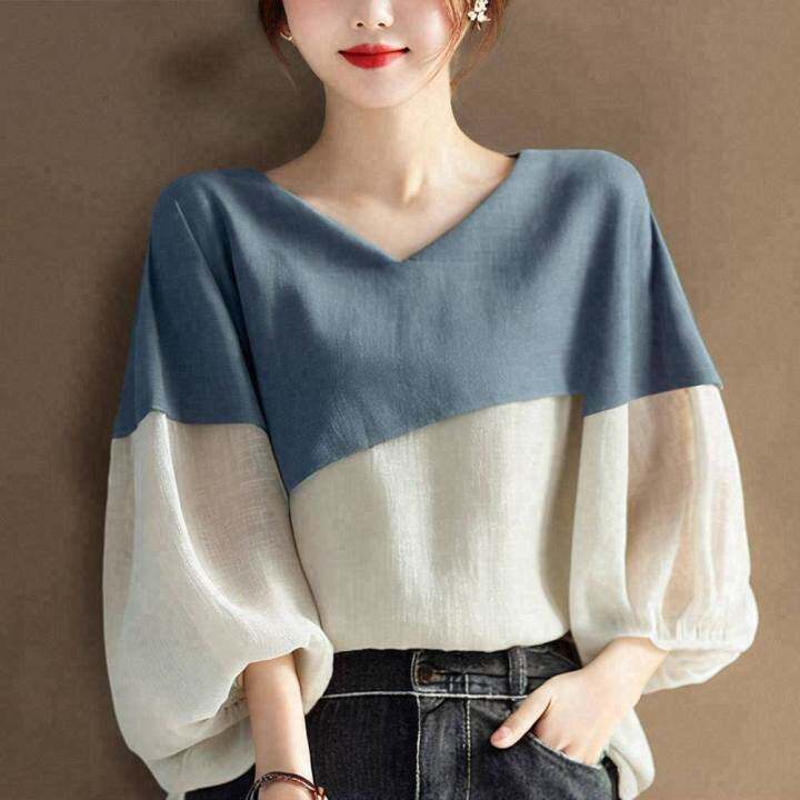 日系跨境衬衣女2025春季新款v领撞色拼接七分灯笼袖宽松显瘦上衣