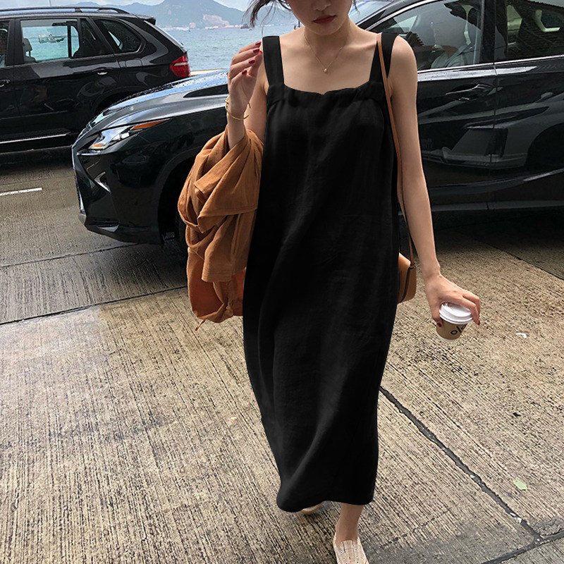 韩国chic夏露背吊带棉麻连衣裙中长款韩版宽松大码后开叉亚麻裙子