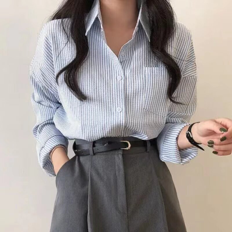 日韩chic复古宽松慵懒条纹长袖衬衫宽松显瘦女2026早秋新品上衣