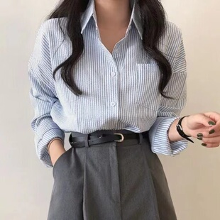 日韩chic复古宽松慵懒条纹长袖衬衫宽松显瘦女2026早秋新品上衣