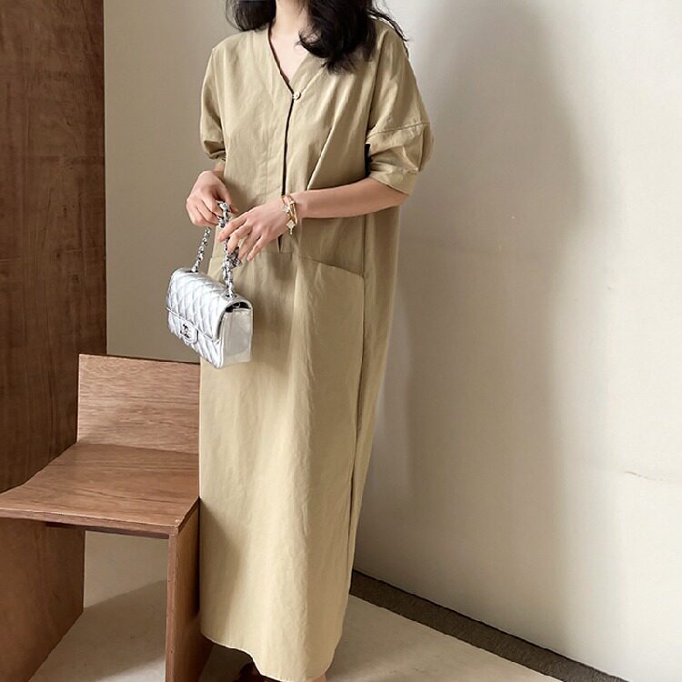 日韩chic2026夏季设计感抽绳泡泡袖长款气质连衣裙 女两侧有口袋
