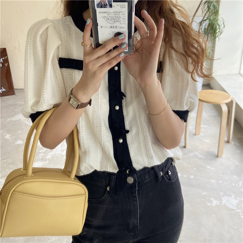 Real price sweet round neck short sleeve loose small fragrance bow Shirt Top