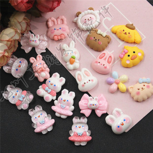 树脂平底卡通小动物细闪兔子小鸡狗狗小羊小熊五色花萝卜兔蝴蝶结