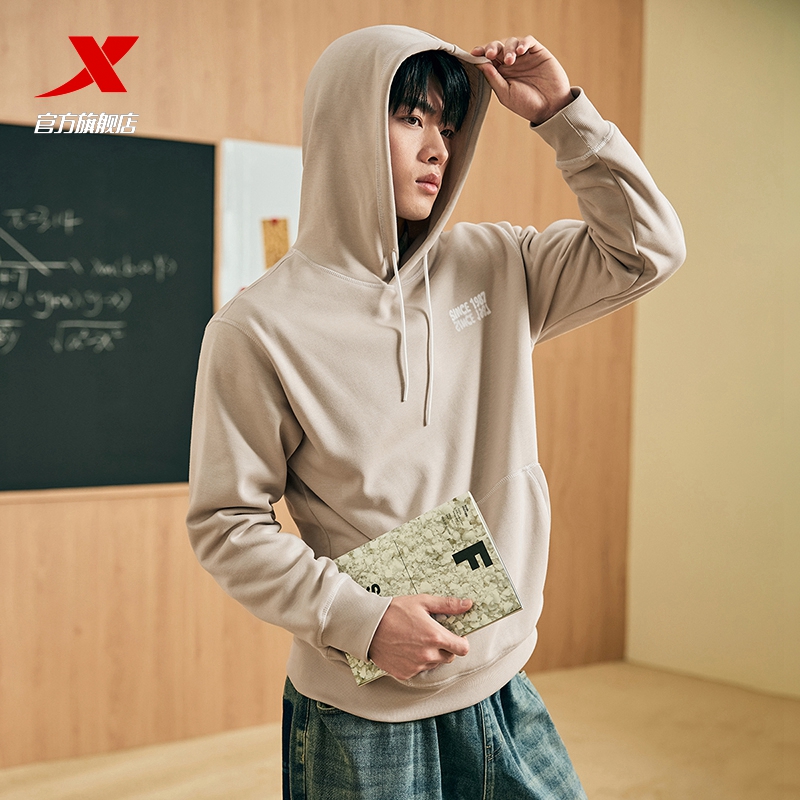 特步卫衣男秋季2025新款男装刺绣连帽休闲运动上衣情侣款潮流百搭