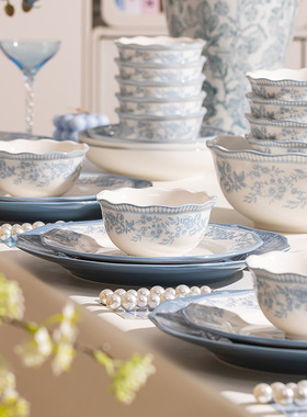 法式蓝色单个碗家用碗盘勺筷组合网红碗碟套装高颜值陶瓷乔迁新居