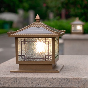 太阳能户外柱头灯围墙庭院灯大门口门柱灯别墅防水中式复古窗花灯