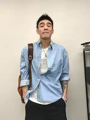 Xu Tailang@Autumn new ins with the same light-colored denim shirt men's street trend brand off-the-shoulder loose long-sleeved shirt