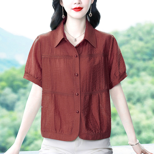 中老年妈妈洋气t恤减龄衬衣休闲上衣 天丝棉麻短袖 衬衫 女夏装 新款