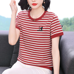 条纹纯棉短袖 T恤女2025新款 夏装 宽松减龄上衣中老年妈妈百搭小衫