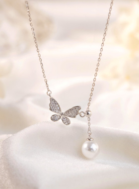 坠链均925银 新款蝴蝶结光珠项链时尚轻奢百搭锁骨链DR