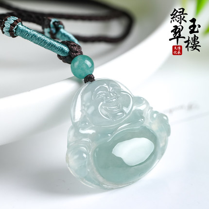 绿翠玉楼天然翡翠吊坠女冰糯种绿底佛公笑佛玉佛挂件弥勒佛玉坠