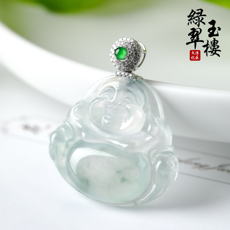 绿翠玉楼缅甸翡翠吊坠冰种玉佛挂件18K金镶玉佛公飘花玉坠笑佛446
