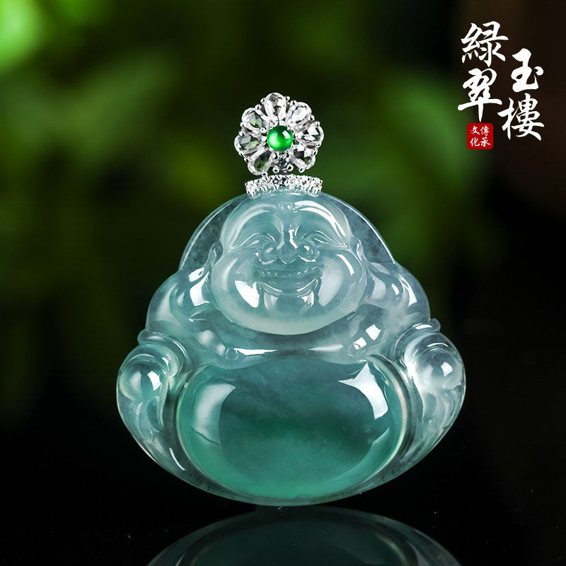 绿翠玉楼缅甸翡翠佛公吊坠冰种天然玉石弥勒佛玉佛挂件18K金扣455
