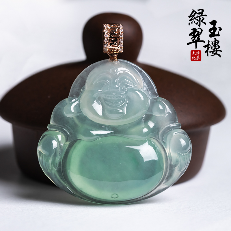 缅甸翡翠佛公吊坠18K金扣