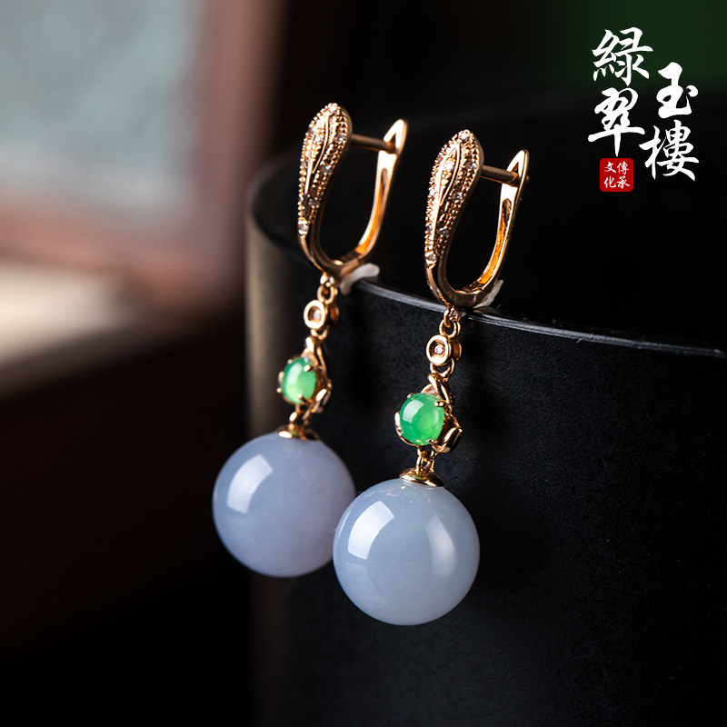 绿翠玉楼缅甸老坑A货翡翠耳饰紫罗兰圆珠耳坠珠宝玉石18K金耳环