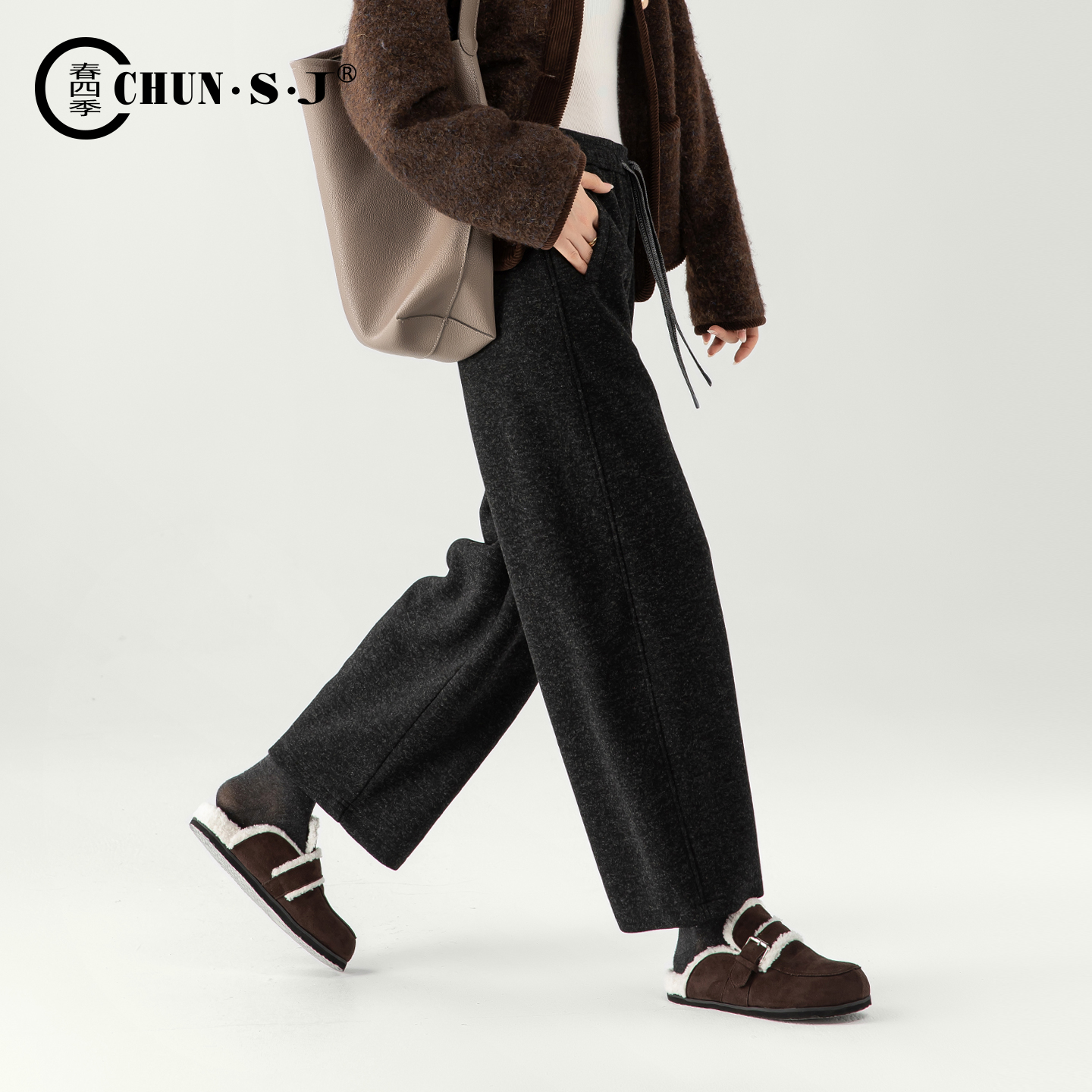 春四季醋酸毛呢阔腿裤女小个子