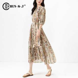 高端波西米亚风亚麻连衣裙女夏季 裙子海边度假沙滩裙复古长裙 新款