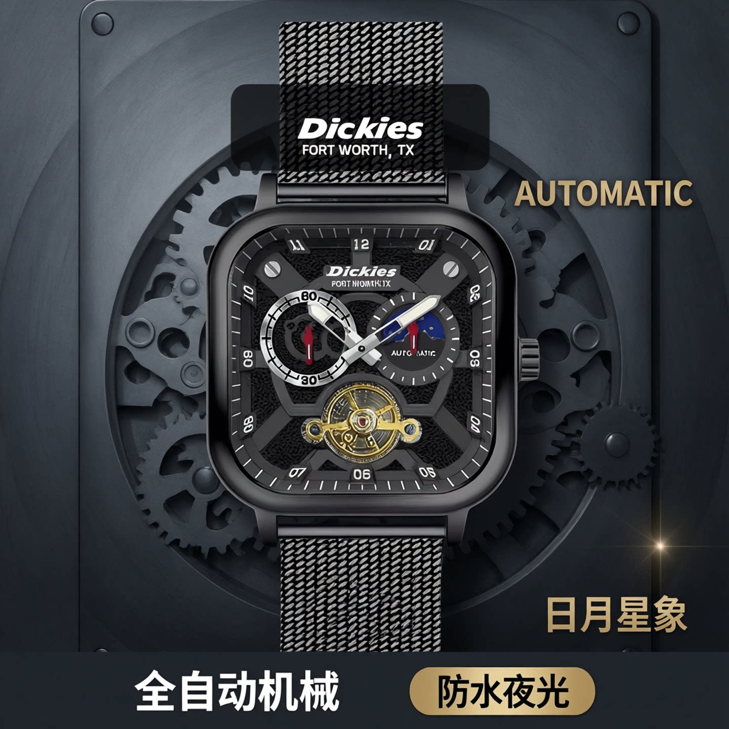 Dickies三眼防水机械腕表可刻字图片