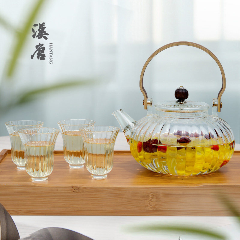 汉唐耐热玻璃煮茶泡茶壶过滤家用电陶炉烧水壶竖纹提梁壶茶杯套装