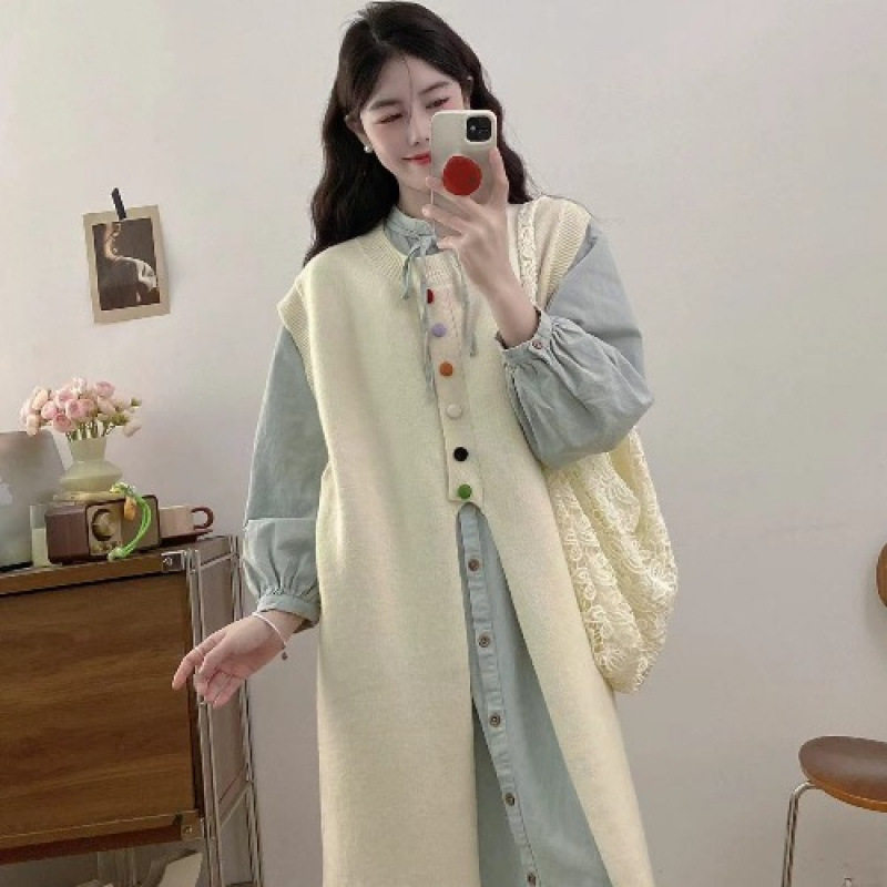 微胖女孩的显瘦穿搭森系复古减龄慵懒针织马甲连衣裙叠穿两件套装