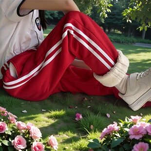 初高中男女款羊羔绒校服裤子小学生大红色运动长裤加绒加厚两道杠