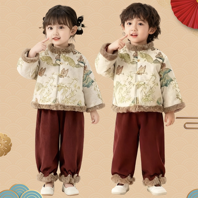儿童冬季新款中国风唐装汉服女童加绒加厚拜年服男童套装两件套冬