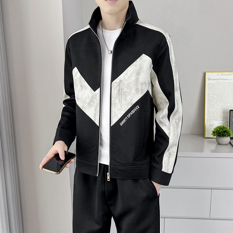 新款休闲运动两件套男秋季立领拼色夹克外套潮修身长裤潮帅气套装
