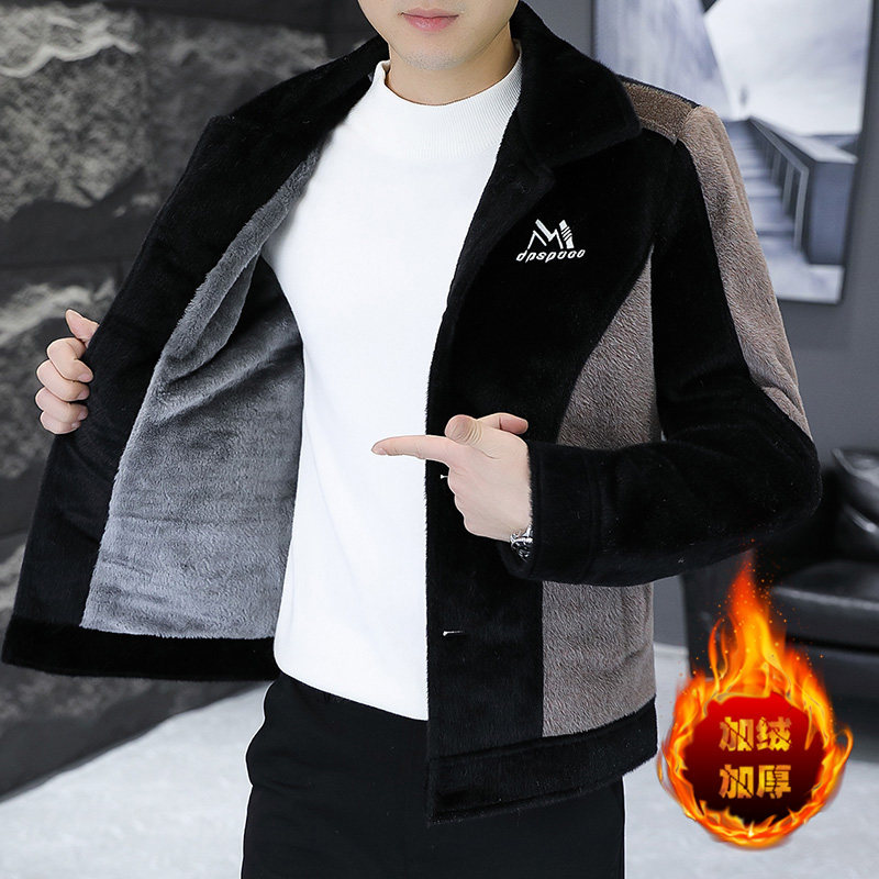 翻领加绒外套男秋冬季痞帅潮流保暖休闲复古仿水貂绒夹克加厚上衣