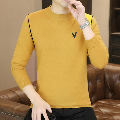 设计感潮牌拼接圆领毛衣男