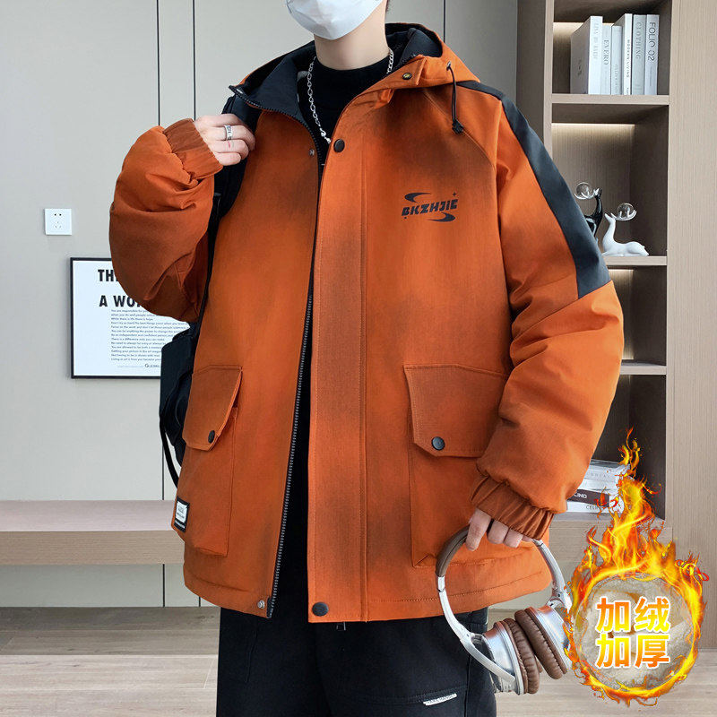 2025秋冬工装连帽短款加绒加厚夹克外套男青少年学生修身保暖褂子