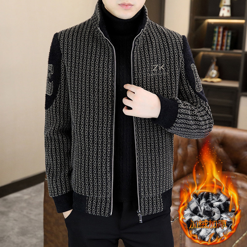 男款加厚保暖呢子外套秋冬新款潮流时尚撞色纹理宽松百搭立领夹克