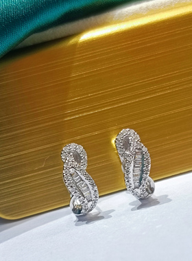 18k白金钻石耳环36分耳钉灵动小叶子梯方圆钻满钻群镶时尚优雅气