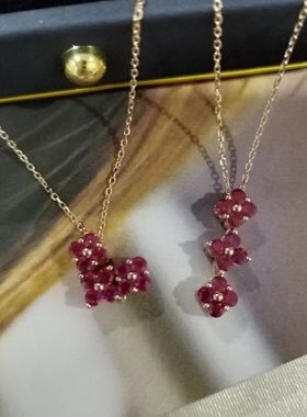 18k金天然鸽血红宝石四叶草项链爱心三生幸运草一款两戴吊坠项链