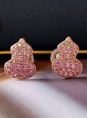 18K真金真钻粉蓝宝耳钉幸运纳福葫芦耳环通勤佩戴精致耳环耳饰