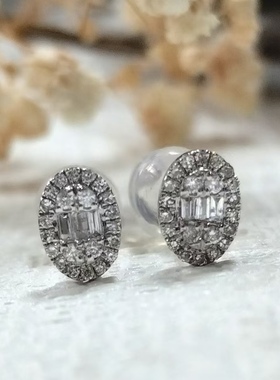 18K金钻石耳钉小蛋形耳钉 22分梯方圆钻椭圆形群镶精致迷你小耳环