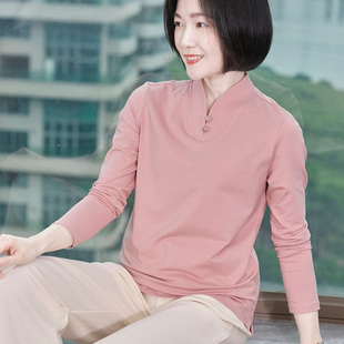 莫代尔打底衫女妈妈洋气长袖T恤宽松立领新中式国风女装2025新款