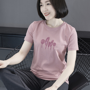 女式粉色圆领正肩女t恤短袖微胖显瘦上衣大码夏天洋气半袖小衫新