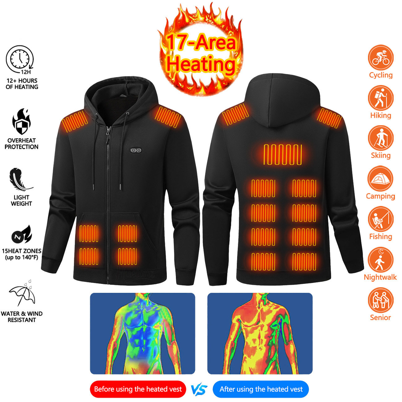 跨境爆款智能发热卫衣运动休闲加热卫衣连帽发热外套新款拉链开衫,男装,常规马甲,淘宝优惠券,粉丝福利购,淘宝优惠卷