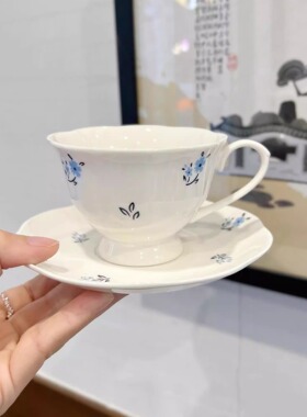 法式复古蓝色碎花陶瓷咖啡杯碟拿铁拉花杯下午茶杯子ins小众礼物