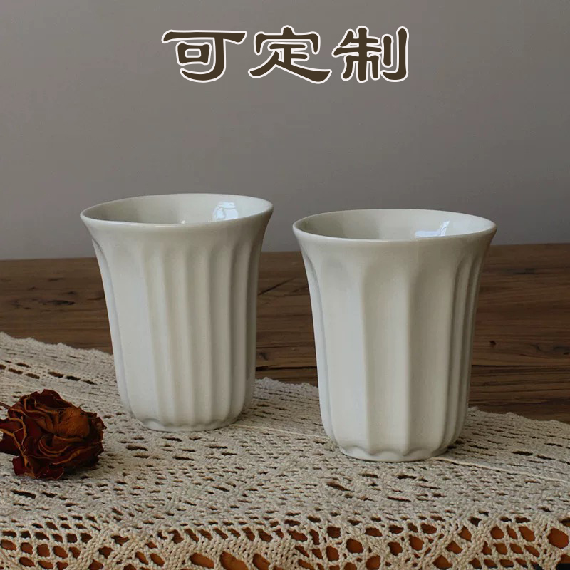 日式设计感竖纹陶瓷咖啡杯纯白冰拿铁咖啡澳杯白杯咖啡厅用