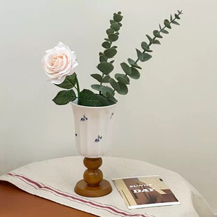 法式复古风木质高脚陶瓷花瓶高级感花瓶摆件客厅玄关花插香薰瓶